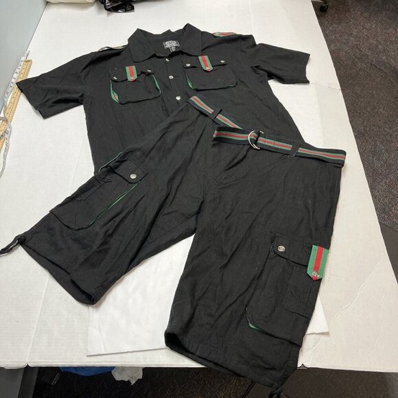 Z‎ Brand Cargo Short Shirt Set Mens 2XL Black Linen Blend Button Down Streetwear - Picture 3 of 16
